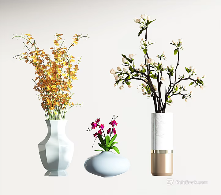 White and Gold Decorative Vases with Yellow Purple and White Flowers Arrangement 3d model 