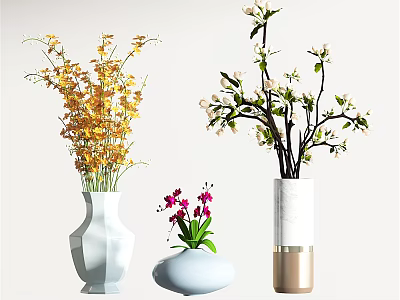 White and Gold Decorative Vases with Yellow Purple and White Flowers Arrangement 3d model