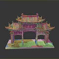Traditional Chinese Archway Model With Orange Multi Layered Roofs And Stone Base