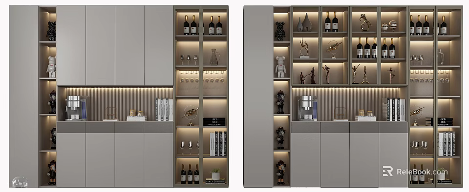 Modern Layered Wine Cabinet Design With Wine Bottles Glasses And Figurines 3d model 