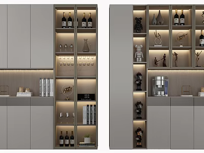 Modern Layered Wine Cabinet Design With Wine Bottles Glasses And Figurines 3d model