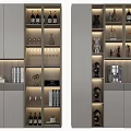 Modern Layered Wine Cabinet Design With Wine Bottles Glasses And Figurines