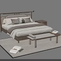 Modern Minimalist Double Bed with Wooden Headboard White Bedspread Gray Pillows Nightstands Bench and Rug