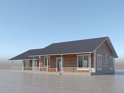 Single Story Detached House Exterior With Wooden Siding Dark Roof Porch And Windows 3d model