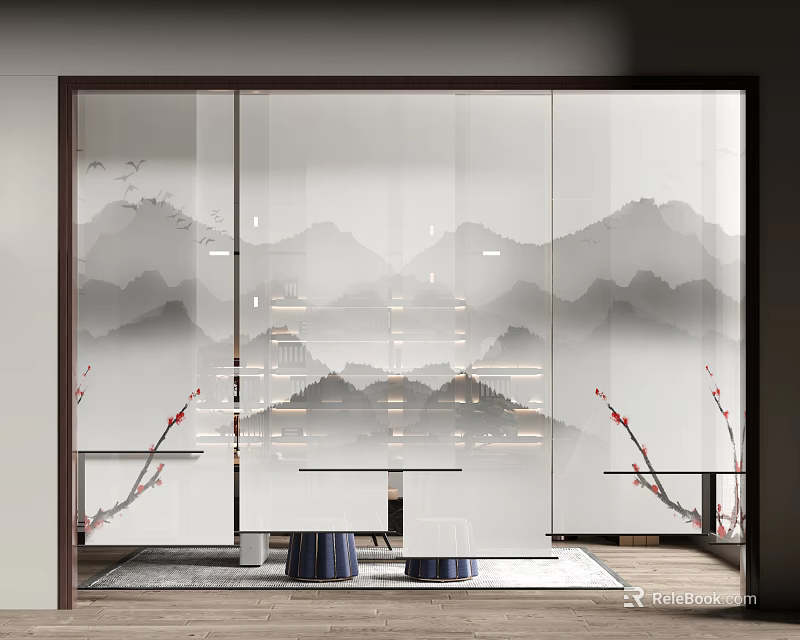 Chinese Style Curtains With Mountain Landscape Pattern And Decorative Red Branches 3d model