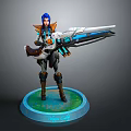 Game Character Nova Ray Blue Hair Armored Outfit Wielding Large Futuristic Gun on Green Base