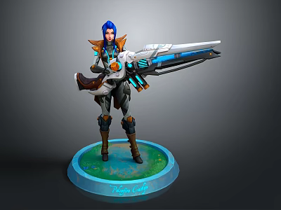 Game Character Nova Ray Blue Hair Armored Outfit Wielding Large Futuristic Gun on Green Base 3d model