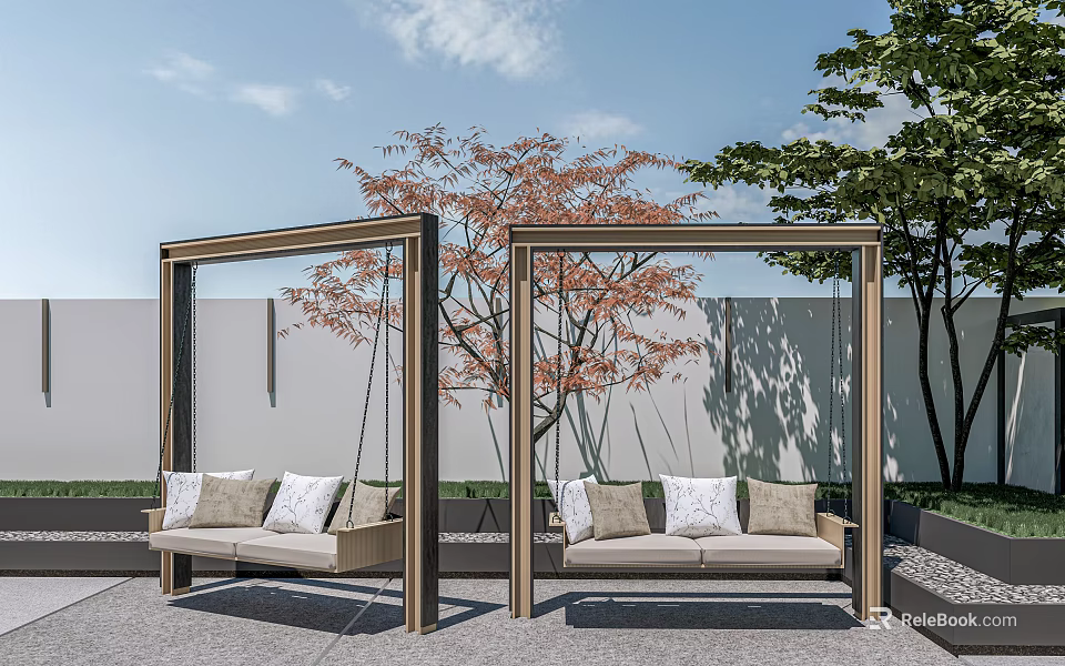 Outdoor Courtyard With Swing Seats And Greenery 3d model 