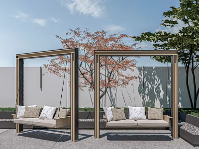 Outdoor Courtyard With Swing Seats And Greenery 3d model