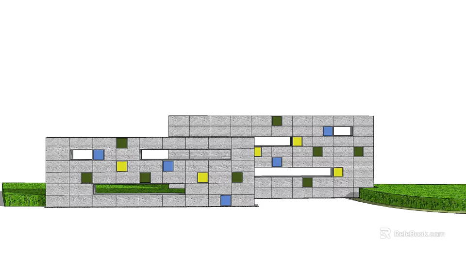 Gray Block Feature Wall With Colorful Yellow Blue Green Squares And Lawn 3d model 