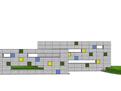 Gray Block Feature Wall With Colorful Yellow Blue Green Squares And Lawn 3d model