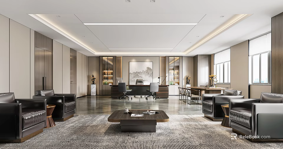 Modern Office Interior Design With Spacious Layout Desk Chairs Sofa Coffee Table And Artwork 3d model 