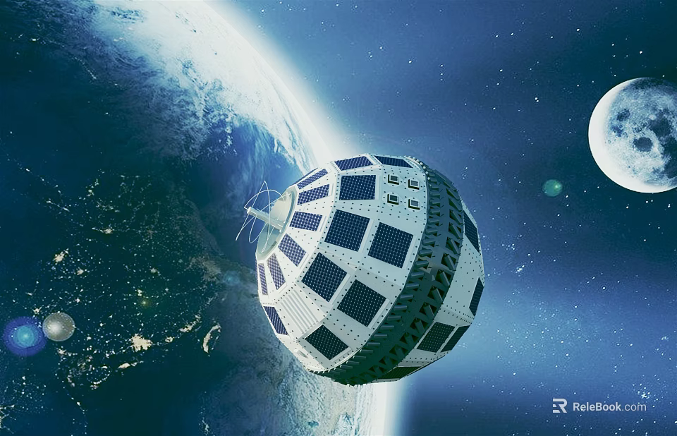 Colorful Cartoon Scene of Spherical Space Station Near Earth and Moon in Starry Sky 3d model 