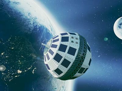 Colorful Cartoon Scene of Spherical Space Station Near Earth and Moon in Starry Sky 3d model