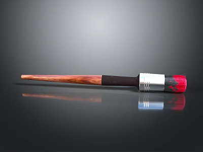 Household Brush With Wooden Handle Red Brush Head And Silver Metal Part 3d model