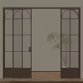 Stylish Wooden Frame Sliding Doors With Glass Panels Arched Design Indoor Plant And Wooden Floor