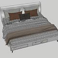 White Double Bed With Upholstered Headboard Brown Gray Pillows And Striped Bedspread 3d model