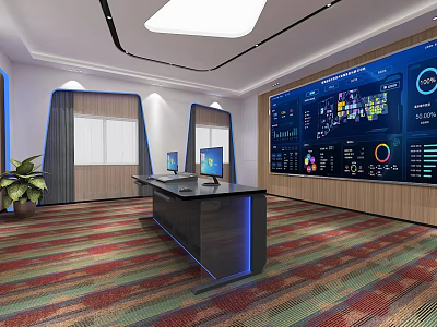 Modern Monitoring Room Interior With Large Screens Data Charts And Work Desk 3d model