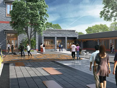 Traditional Chinese Courtyard Scene With Ancient Architecture Green Trees And People Gathering 3d model