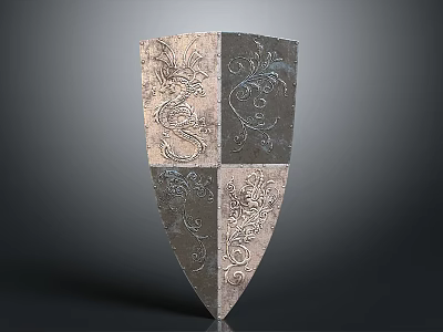 Ancient Metal Shield With Four Sectioned Design And Intricate Dragon Patterns 3d model