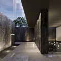 Modern Glass Entrance Gate Featuring Wooden Deck Railing Stone Steps and Pool