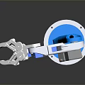 White and Blue Robot Arm with Base Joints on Dark Background Showing Reflection 3d model