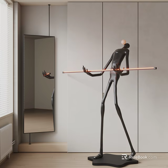 Slim Black Figural Sculpture Holding Long Bar in Modern Minimalist Room 3d model 