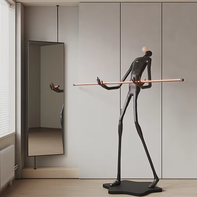 Slim Black Figural Sculpture Holding Long Bar in Modern Minimalist Room 3d model