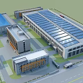 Modern Industrial Factory Complex With Solar Panels On Roof And Green Lawn Area