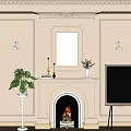 Classic White Fireplace with Mirror Lantern Candles Books Pink Flower Vase Mantel Green Plant TV
