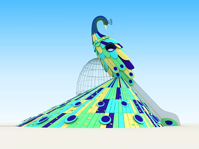 Colorful Peacock Shaped Garden Ornament With Vibrant Circular Patterns And Spread Tail 3d model