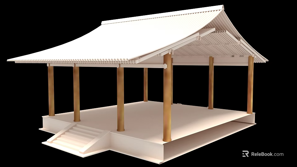 Ancient Architecture Pavilion With White Roof Golden Pillars Steps And Open Structure 3d model 