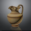 Traditional Ancient Earthenware Pottery Sculpture With Curved Spout And Decorative Stripes