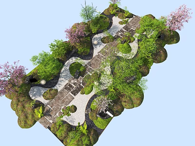 Garden Landscape Design With Winding Stone Paths Various Trees Cherry Blossoms And Lush Greenery 3d model