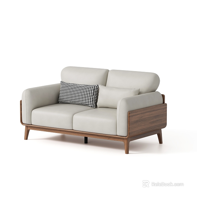 Modern Light Gray Leather Two Seater Sofa With Walnut Wood Frame And Checkered Pillow 3d model 
