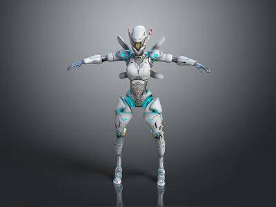 Futuristic Mechanical Design 3D Game and Movie Character With Silver Blue Armor and Outstretched Arms 3d model
