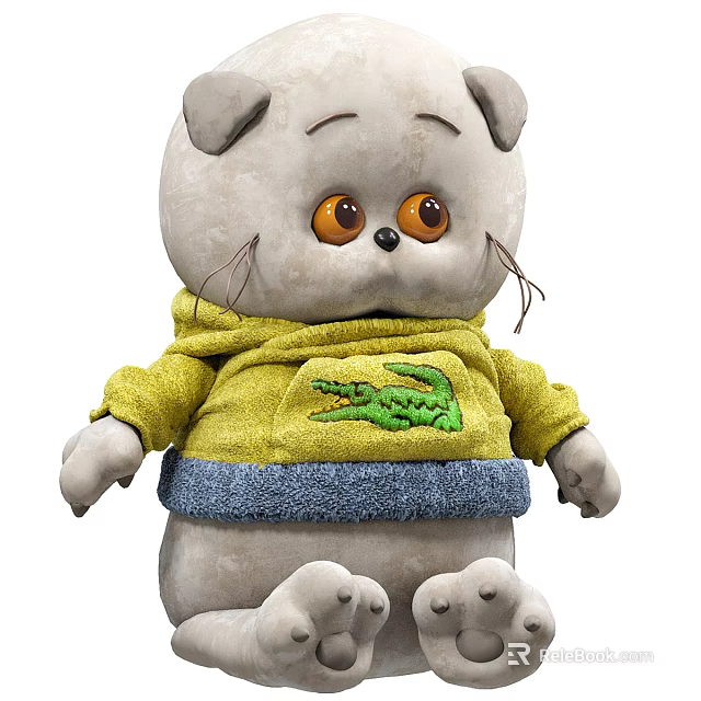 Cat Shaped Plush Toy With Yellow Hoodie And Crocodile Pattern Blue Trim 3d model 