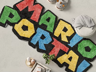 Creative Shaped Rug Featuring Colorful Letters With Slippers And Plant On Living Room Floor 3d model