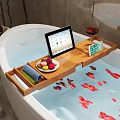Elegant Bathroom Bathtub With Wooden Storage Rack Holding Tablet Wine Glass And Towels