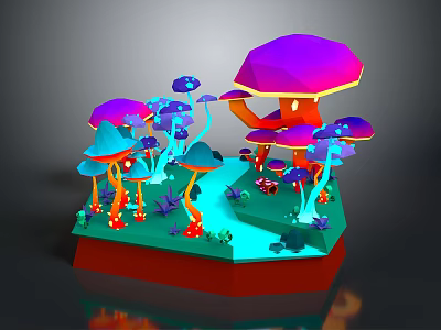 Colorful Mushroom 3D Scene With Umbrella Shaped Caps Red Base And Blue Pathway 3d model
