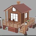 Wooden Cabin With Red Roof Log Structure Porch Railing Chairs Plants Stairs Lamps And Barrels