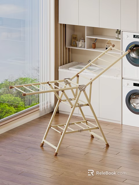 Home Balcony Featuring Foldable Clothes Drying Rack Washing Machine Dryer Large Window and Green Plants 3d model 