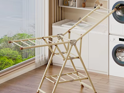 Home Balcony Featuring Foldable Clothes Drying Rack Washing Machine Dryer Large Window and Green Plants 3d model