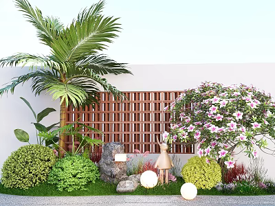 Garden Landscape with Palm Tree Wooden Lattice Pink Flowering Tree Bushes Stones and Round Lamps 3d model