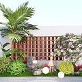 Garden Landscape with Palm Tree Wooden Lattice Pink Flowering Tree Bushes Stones and Round Lamps