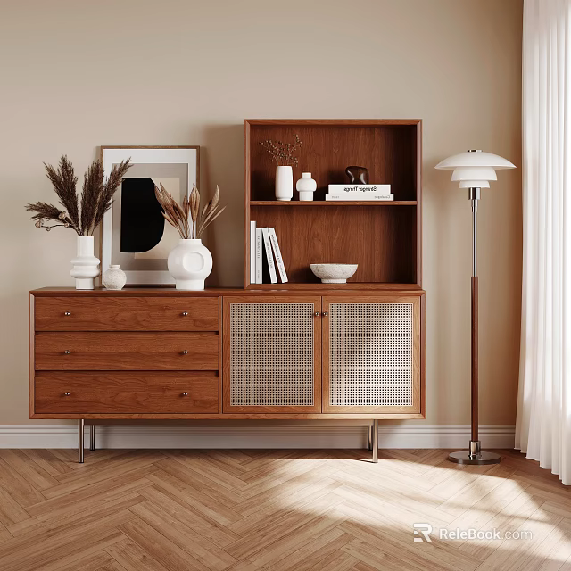 Mid Century Style Wooden Sideboard Cabinet With Woven Rattan Doors And Open Upper Storage Shelves 3d model 