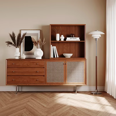 Mid Century Style Wooden Sideboard Cabinet With Woven Rattan Doors And Open Upper Storage Shelves 3d model