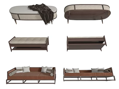 Modern Sofa Bench Designs With Upholstered Seats Brown Beige Cushions And Metal Legs 3d model