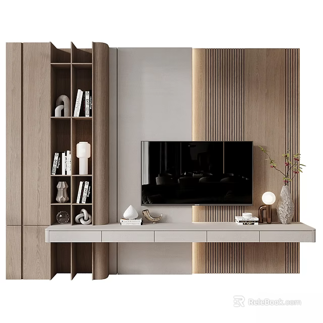 Modern TV Wall Design With Wooden Paneling White Console And Decorative Items 3d model 