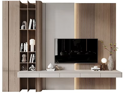 Modern TV Wall Design With Wooden Paneling White Console And Decorative Items 3d model